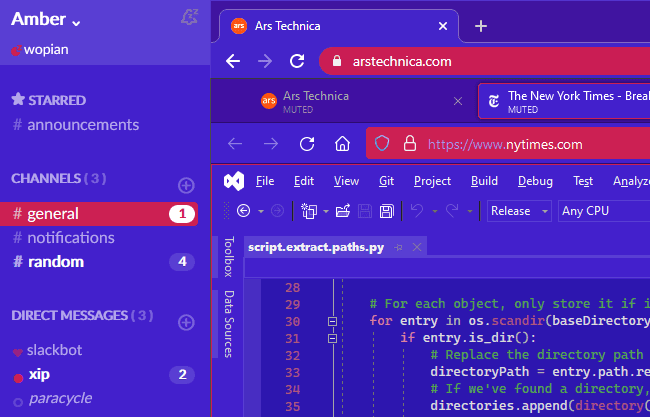 ThatDataPurple theme shown on Slack, Chrome, Firefox and Visual Studio 2022